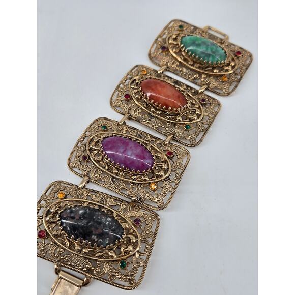 Vtg Marino Art Deco Nouveau Style Filigree Cabochon Stone Wide Panel Bracelet 7" - Picture 1 of 16